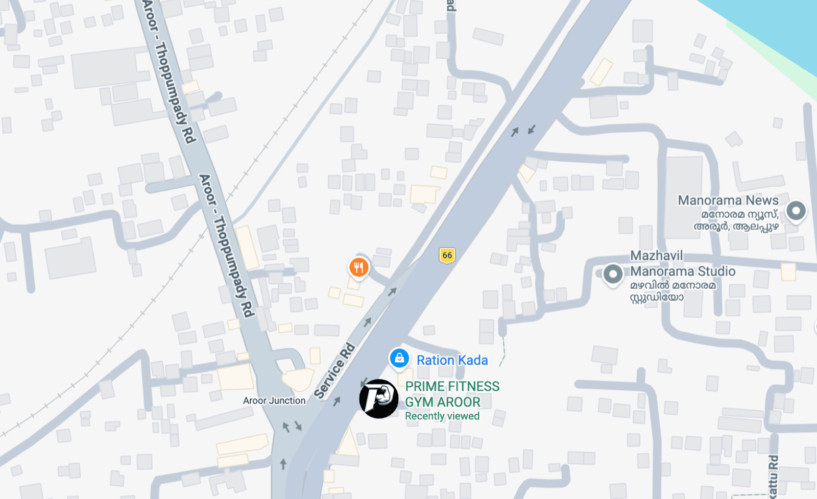 Map showing the Prime Fitness location at Aroor Bypass Junction, above the Ather showroom